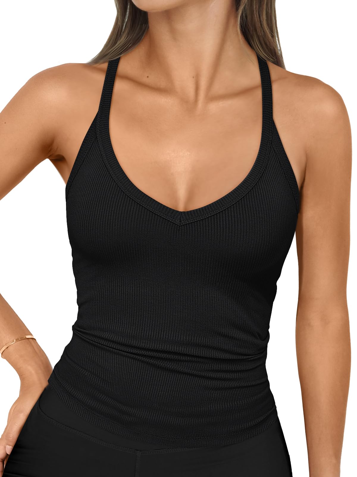 Photo 1 of Trendy Queen Womens Workout Tank Tops Racerback Summer 2025 Camisole Top V Neck Ribbed Sleeveless Beach Fashion Clothes Black M