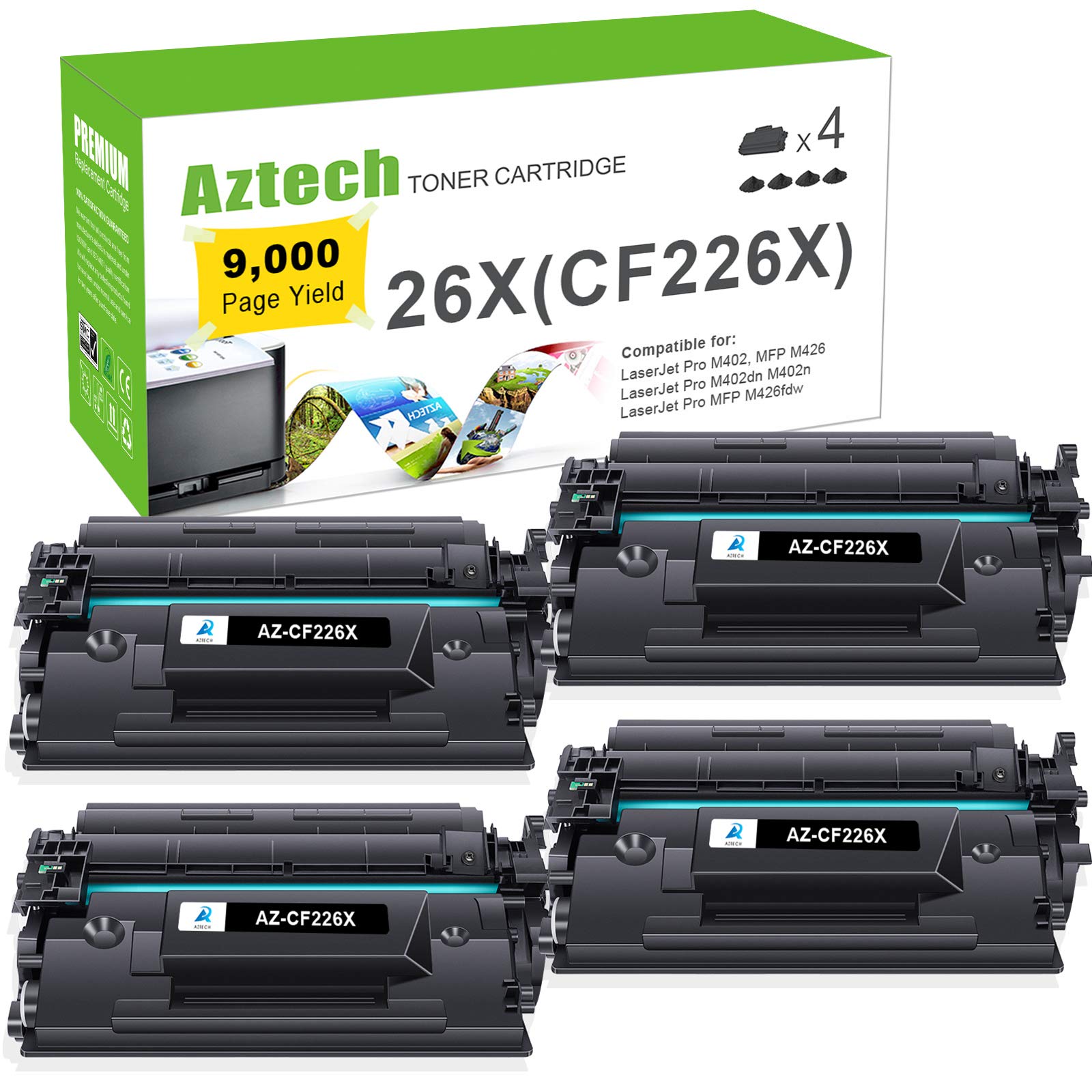 Aztech Compatible Toner Cartridge Replacement for HP 26X CF226X 26A CF226A Laserjet Pro M402n M402dw M402dn Laserjet Pro MFP M426fdw M426fdn M426dw (Black, 4-Pack)