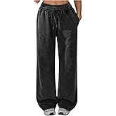 BEAUDRM Women's Vintage Baggy Pants Drawstring Waist Y2k Wide Leg Stacked Track Sweatpants with Pockets Streetwear