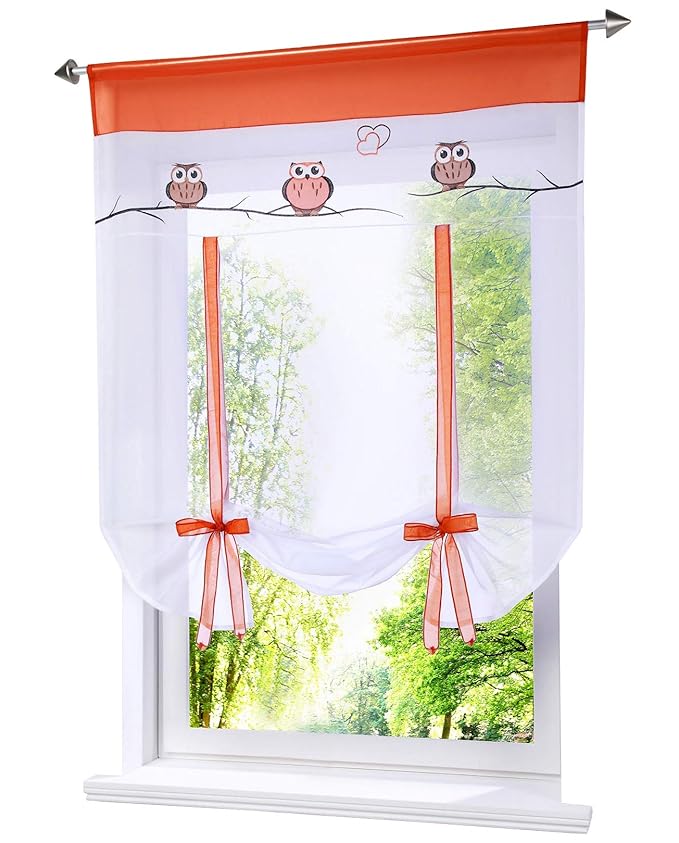 BAILEY JO 1er-Pack Raffrollo mit Tunnelzug Eule Stickerei Rollos Voile Transparent Vorhang (BxH 80x100cm, Orange)