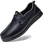 BOEGBNW Men's Leather Handmade Penny Loafers Slip-On Casual Comfortable Non-Slip Driving Shoes Lightweight Breathable Work Office Walking Shoes