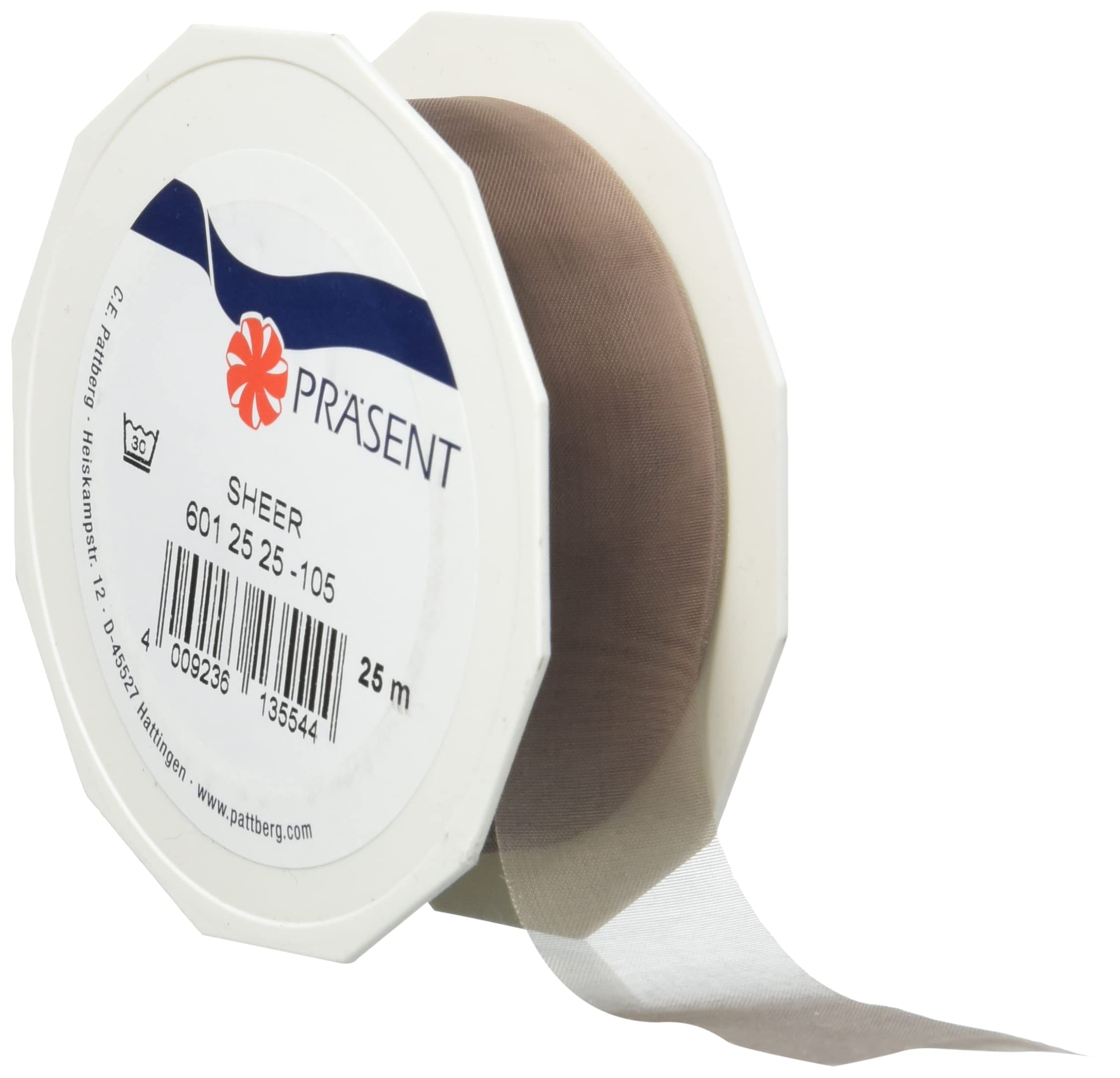 PRÄSENT C.E. Pattberg SHEER Organza taupe, 27 yards Gift Wrap, 1 inch width, Accessories for Decoration & Handicrafts, Decoration Ribbon for Presents, for every occasion, Polyester, 25mm-25m