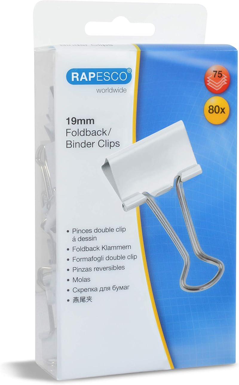 Rapesco 1493 19 mm Foldback Clips White Pack of 80