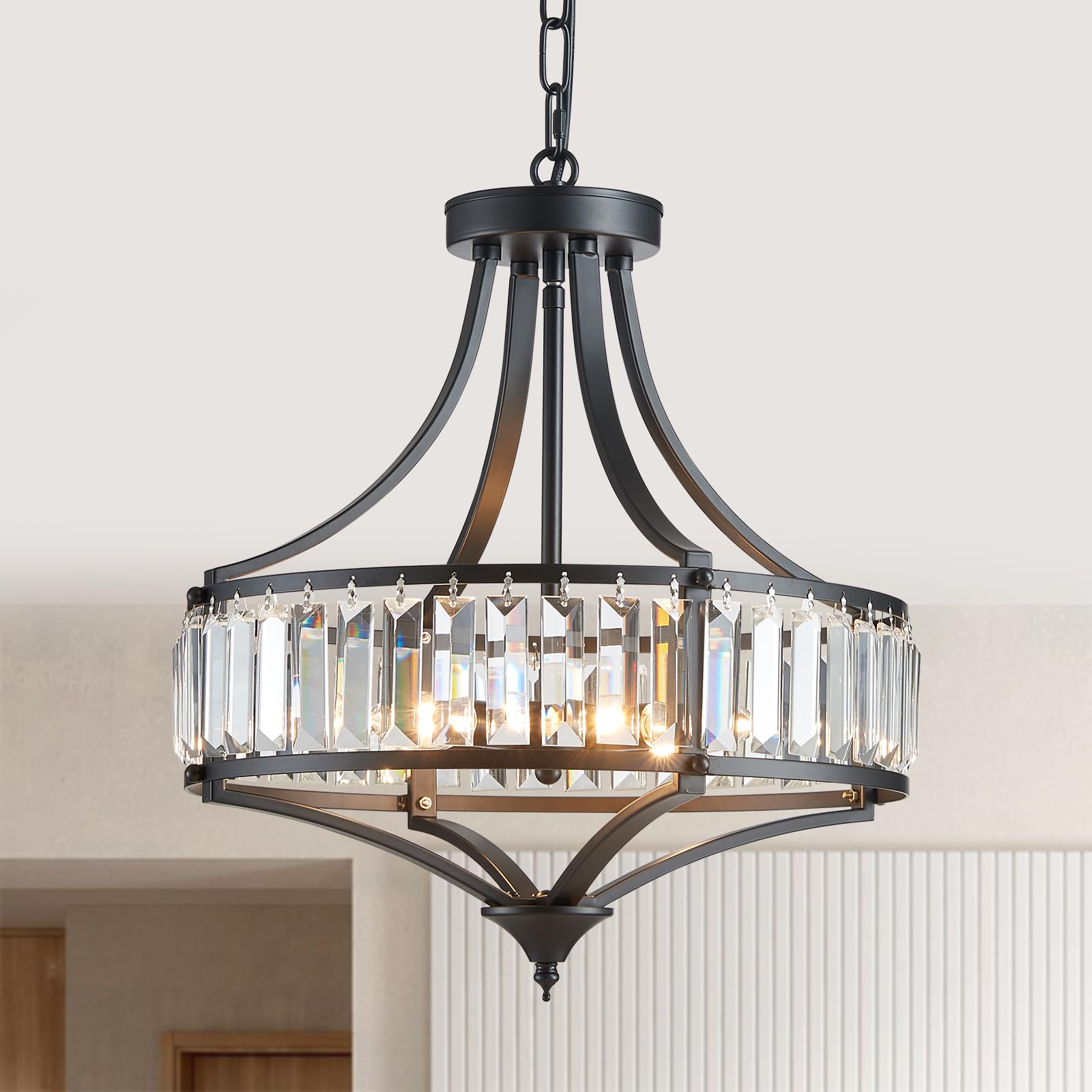 Photo 1 of Majhoiw Black Crystal Chandeliers for Dining Room, Round Rustic Farmhouse Chandelier with Metal Shade 4-Light Modern Pendant Lighting for Hallway, Bedroom, Foyer