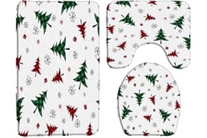 GCTNBJL Merry Christmas 3 Piece Bath Rug Sets,Red Green Xmas Tree Snowflake Buffalo Check Plaid Forest Winter Holiday Rustic Bathroom Rugs,16"x24"Bath Mat,Toilet Seat Cover, U-Shaped Toilet