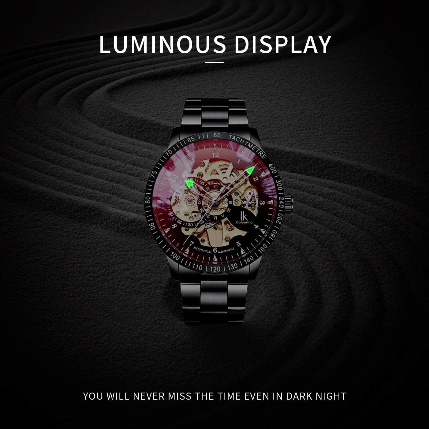IK Men's Watch Skeleton Automatic Mechanical Wristwatch, Silver Golden Dial Tachymeter Black Stainless Steel Casual Steampunk Watch