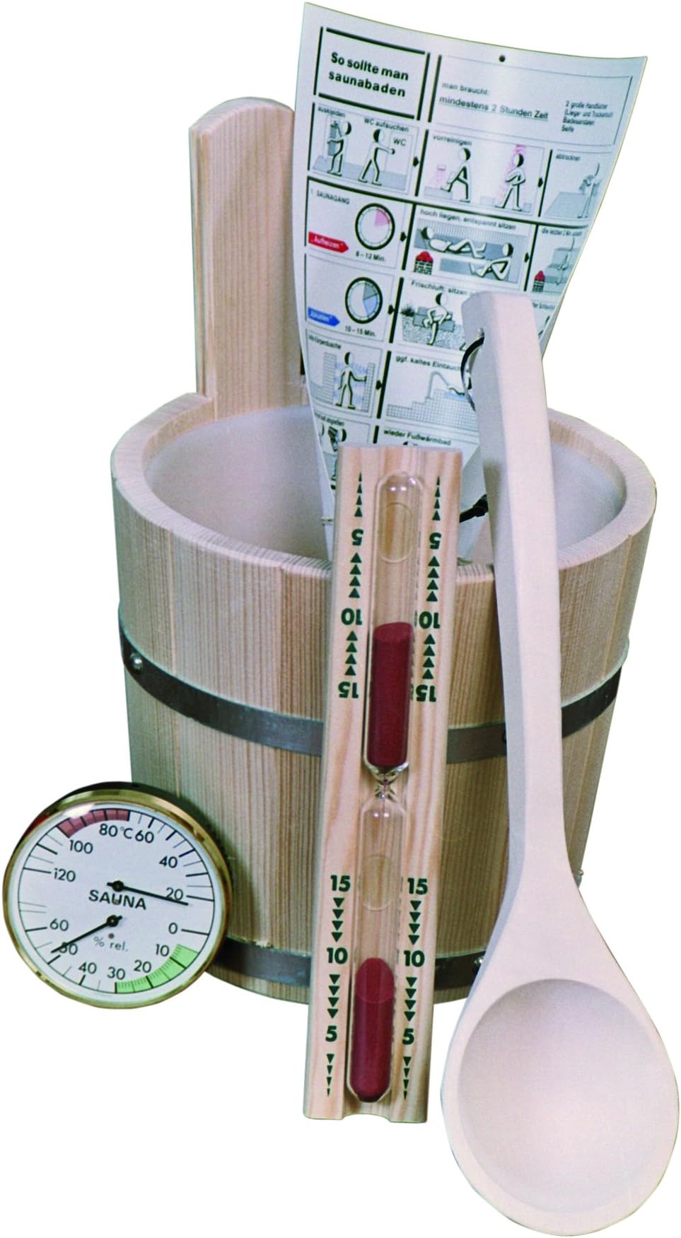 5 x Piece Sauna Set, Bathroom Accessory, Sauna Bucket Made From PEFC Certified Spruce, Ladle, Hourglass, Hygrometer, Bathing Rules