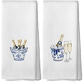 shiviody Chinoiserie Champagne Kitchen Towels - Blue and White Dish Towels, Gifts for Wine Lovers, Coquette Bow Decorative Absorbent Dishcloths Hand Towel for Bar Club Decor 16x24 Inches