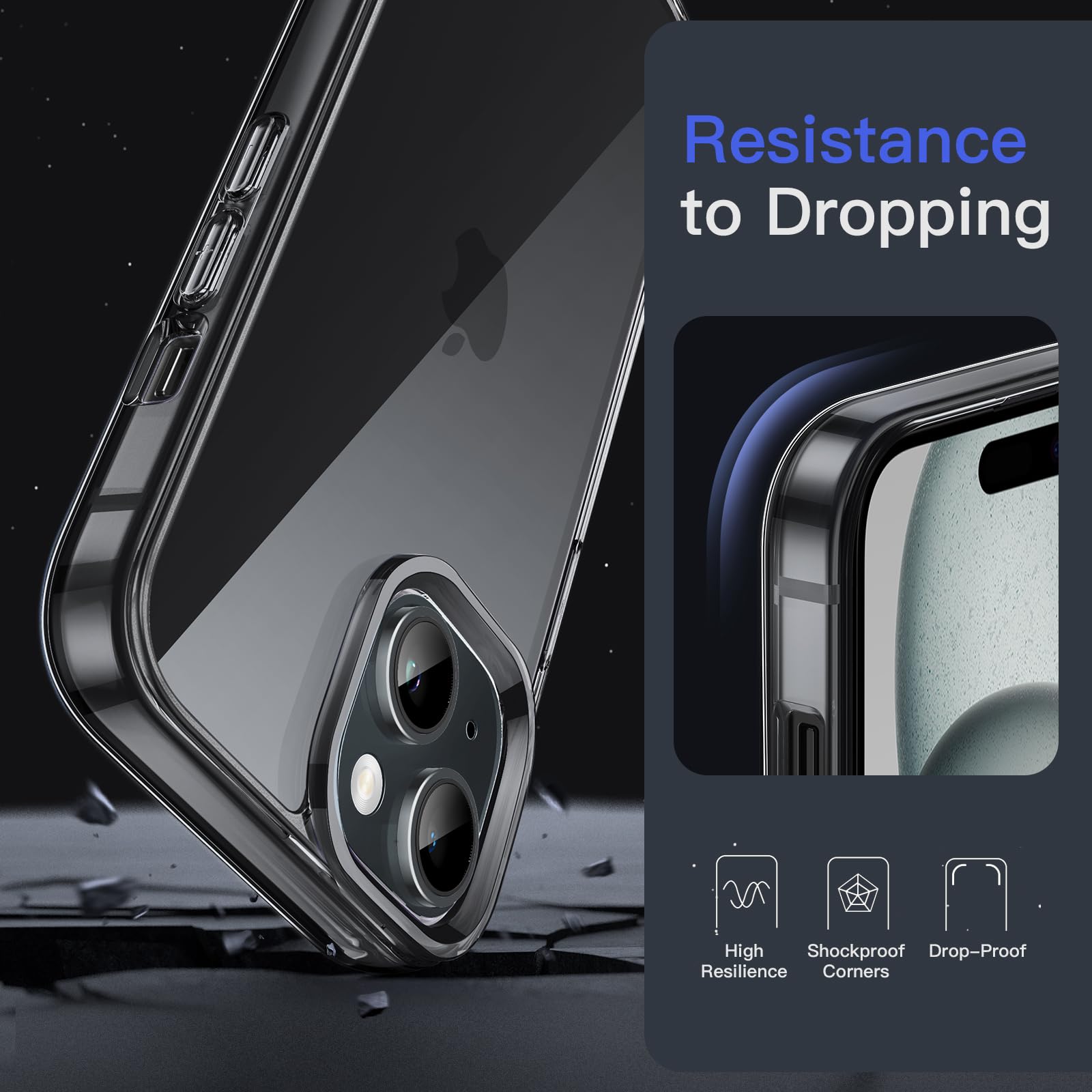 JEDirect iPhone 15 (6.1 Inch) Case, Non-Yellowing, Shock Absorbing, Bumper Cover, Anti-Scratch, Clear Back, Black