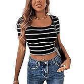 WDIRARA Women's Striped Crop Tops Short Sleeve Scoop Neck Summer Casual Tee Shirts