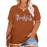 Plus Size Thanksgiving Tshirts Women Thankful Graphic Letter Print T-Shirt Casual Short Sleeve Tee Tops