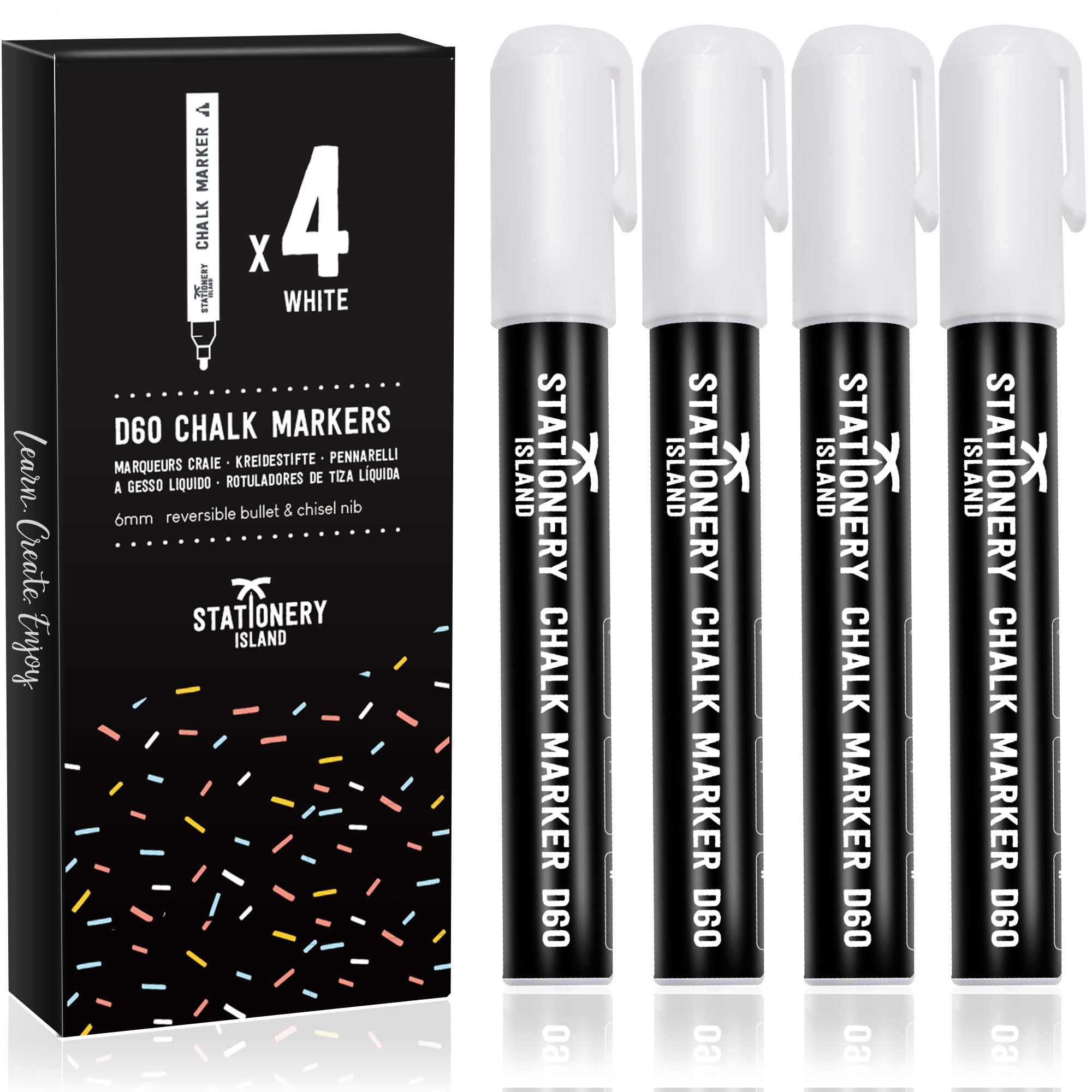 STATIONERY ISLAND White Chalk Pens for Blackboards, 6mm Reversible Nib Chalk Markers for Window and Glass, Wipeable Blackboard Pens, Pack of 4
