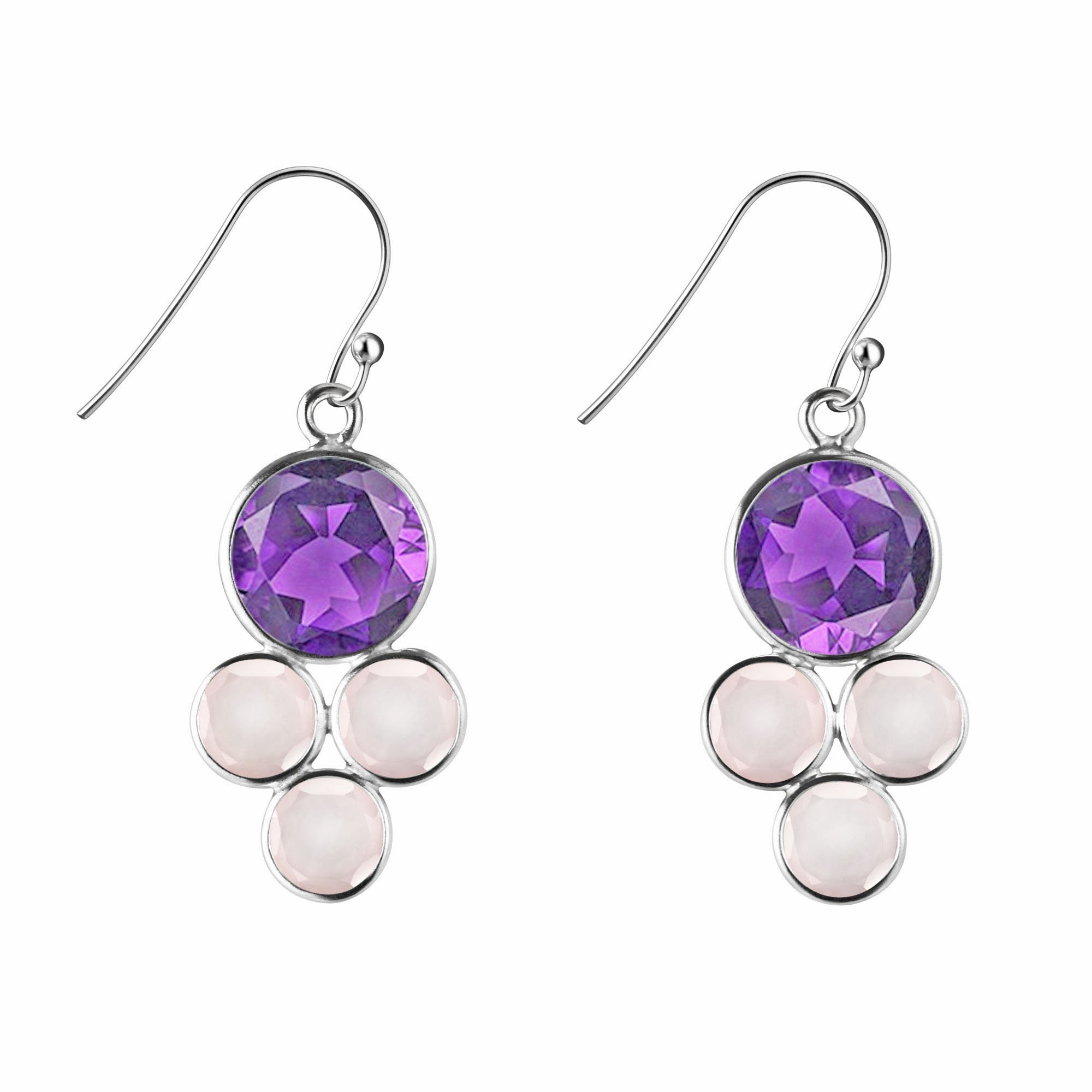 Franki Baker Natural Amethyst and Rose Quartz Gemstones Silver Drop Earrings