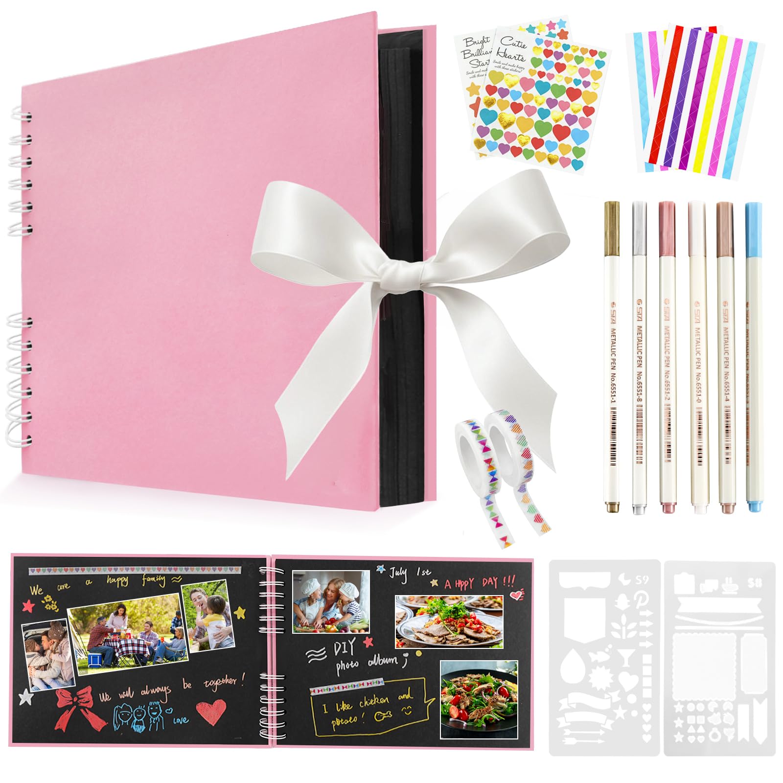 Newthinking Photo Scrapbook with 80 Black Pages, 11.5 x 8.5 Inches Scrapbook Photo Album with Accessories, DIY Couples Memory Scrap Book for Anniversary Wedding Birthday (Pink)