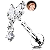 Melighting 16G Vine Tragus Piercing Jewelry, Internally Threaded Dangle Helix Stud, Stainless Steel 316L Cartilage Earring Clear Marquise CZ, 6 mm Silver Lobe Labret Flat Back Ring For Women