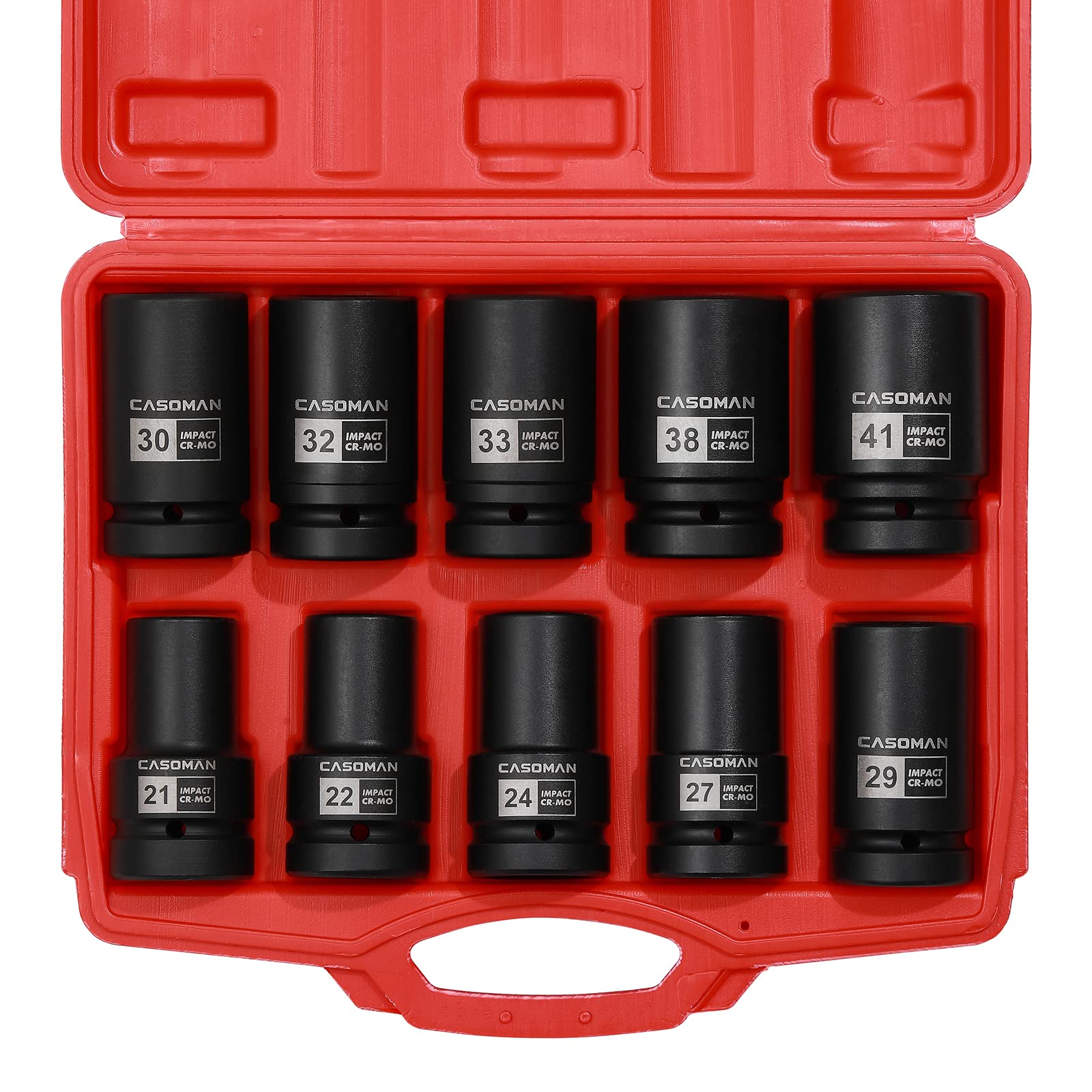 CASOMAN 10PCS 1-Inch Drive Deep Impact Socket Set, Metric, CR-MO, 21,22,24,27,29,30,32,33,38,41mm, Deep Spindle Axle Nut Impact Socket Set