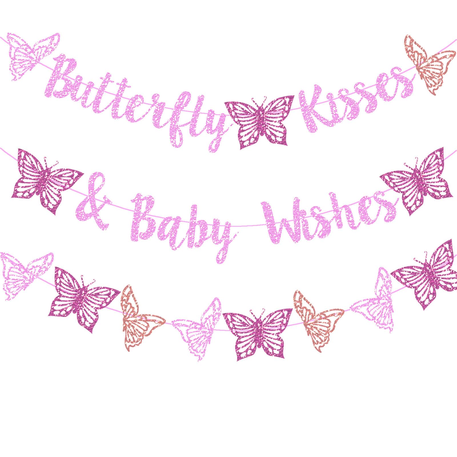 Photo 1 of Kisses & Wishes Pink Glitter Butterfly Welcome Baby Girl Banner for Gender Reveal, 1st Birthday, Baby Shower Party Supplies