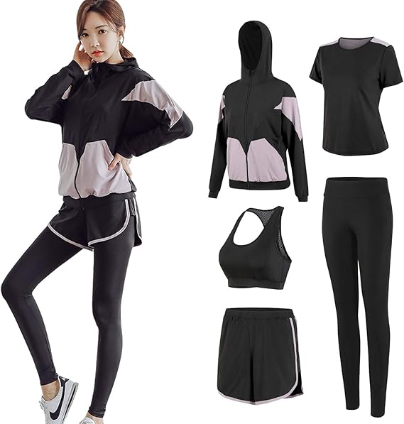 Amazon スポーツウェア レディース ヨガウェア トレーニングウェア ランニングウェア 上下 5点セット フィットネス ジャージ スポーツブラ ロングタイツ パーカー 半袖 短パンツ 伸縮性 吸汗速乾 上下セット 通販