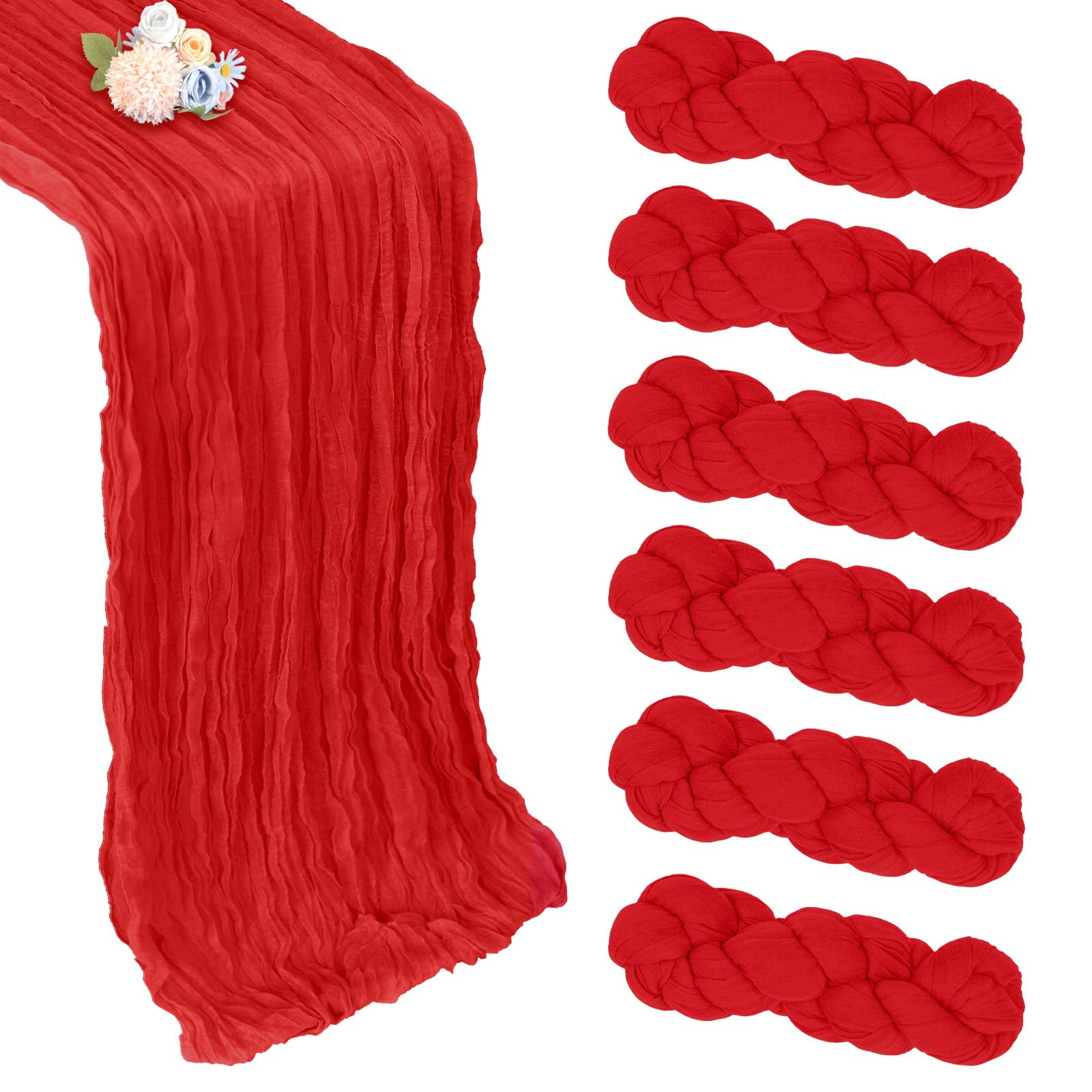 Photo 1 of 6 Pack Red Cheesecloth Table Runner 10ft Boho Gauze Fabric Cheese Cloth Table Runner 35 x 120 Inch Rustic Sheer Runner for Romantic Wedding Decor Bridal Shower Party Table Centerpiece Decoration