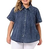 Agnes Orinda Denim Shirt for Women Plus Size Jean Western Shirts Short Sleeve Button Down Tops