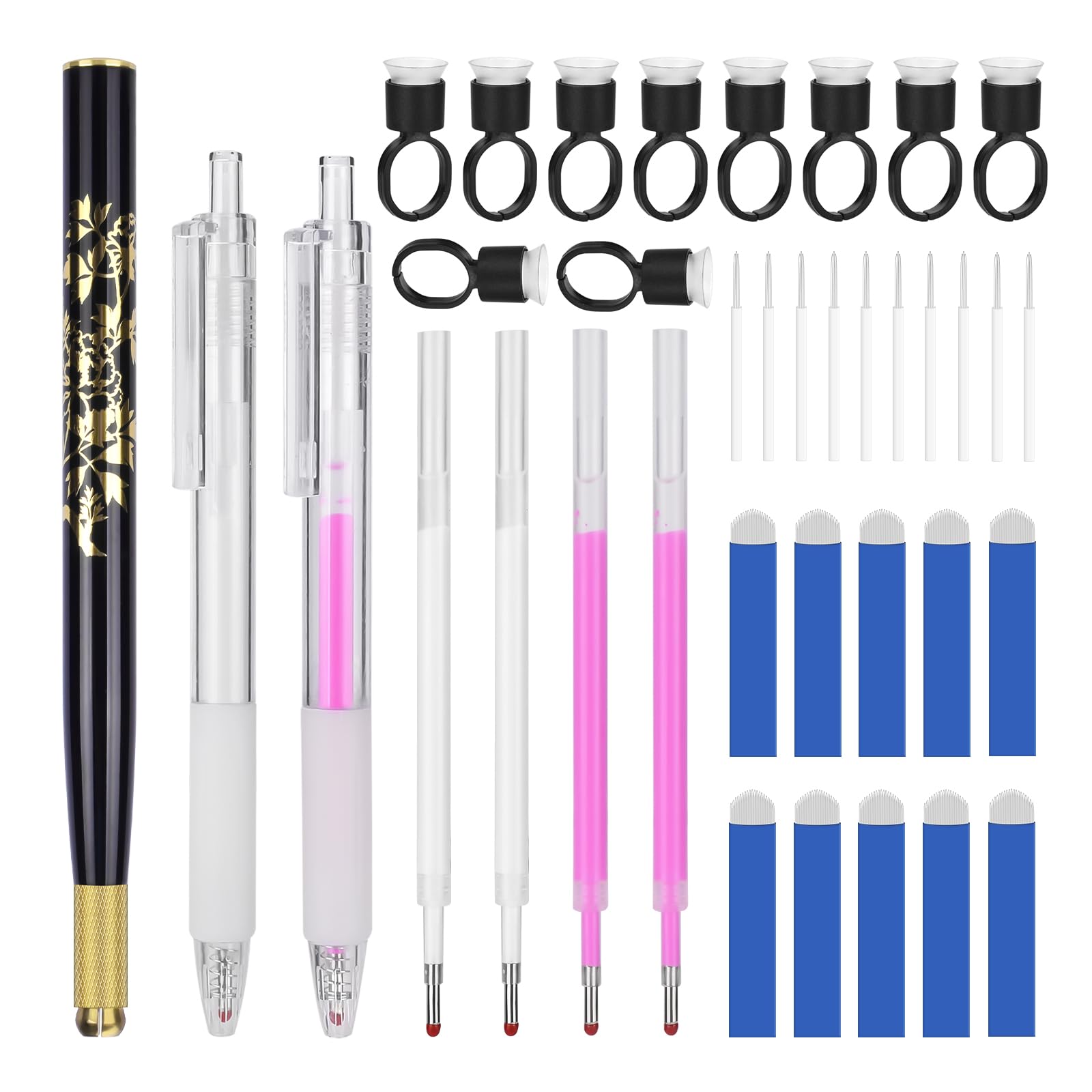 ATOMUS Flower Microblading eyebrow Kit Black Tattoo Eyebrow Manual Pen 2sets Mark Pen 10pcs 18U/3RL Eyebrow Microblades 10pcs Pigment Holder with Sponge