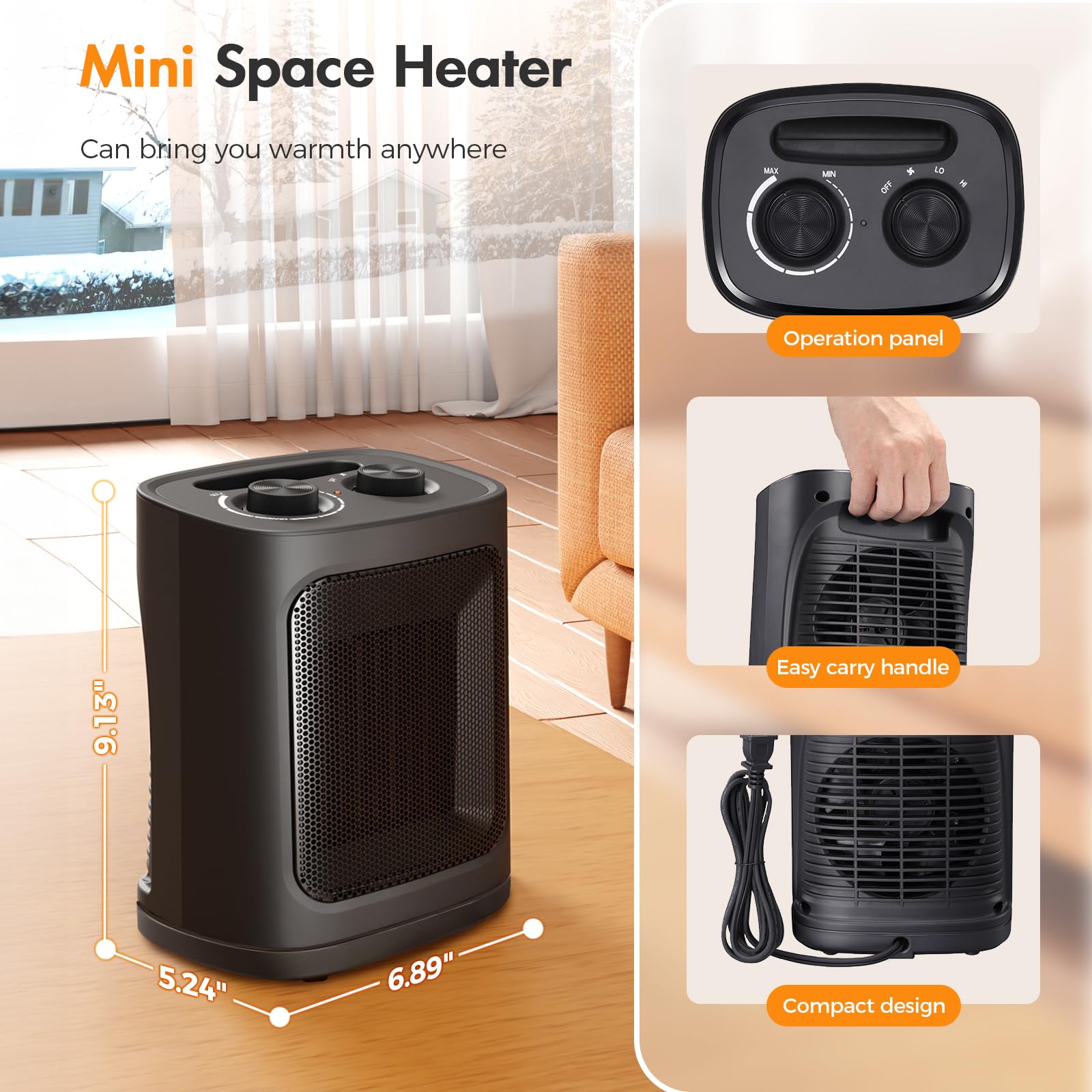 Kismile Small Space Heater for Indoor Use, Electric Ceramic Space Heater, Portable Heaters Fan for Office and Bedroom with Adjustable Thermostat ETL Listed,1500W