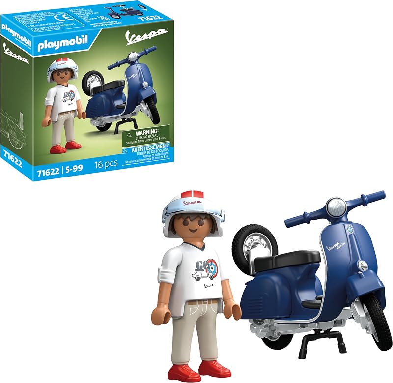 71622 1969 Vespa 150 Sprint Veloce, Bleu - Comprend Un Personnage, Une Vespa, Deux selles, Une Roue de Secours Amovible Ainsi Que des Accessoires - Dès 5 Ans