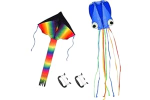 Listenman 2 Pack Easy to Fly Kites - Large Rainbow Delta Kite & Blue Octopus Kites with Long Colorful Tails, Includes 2 Kite 