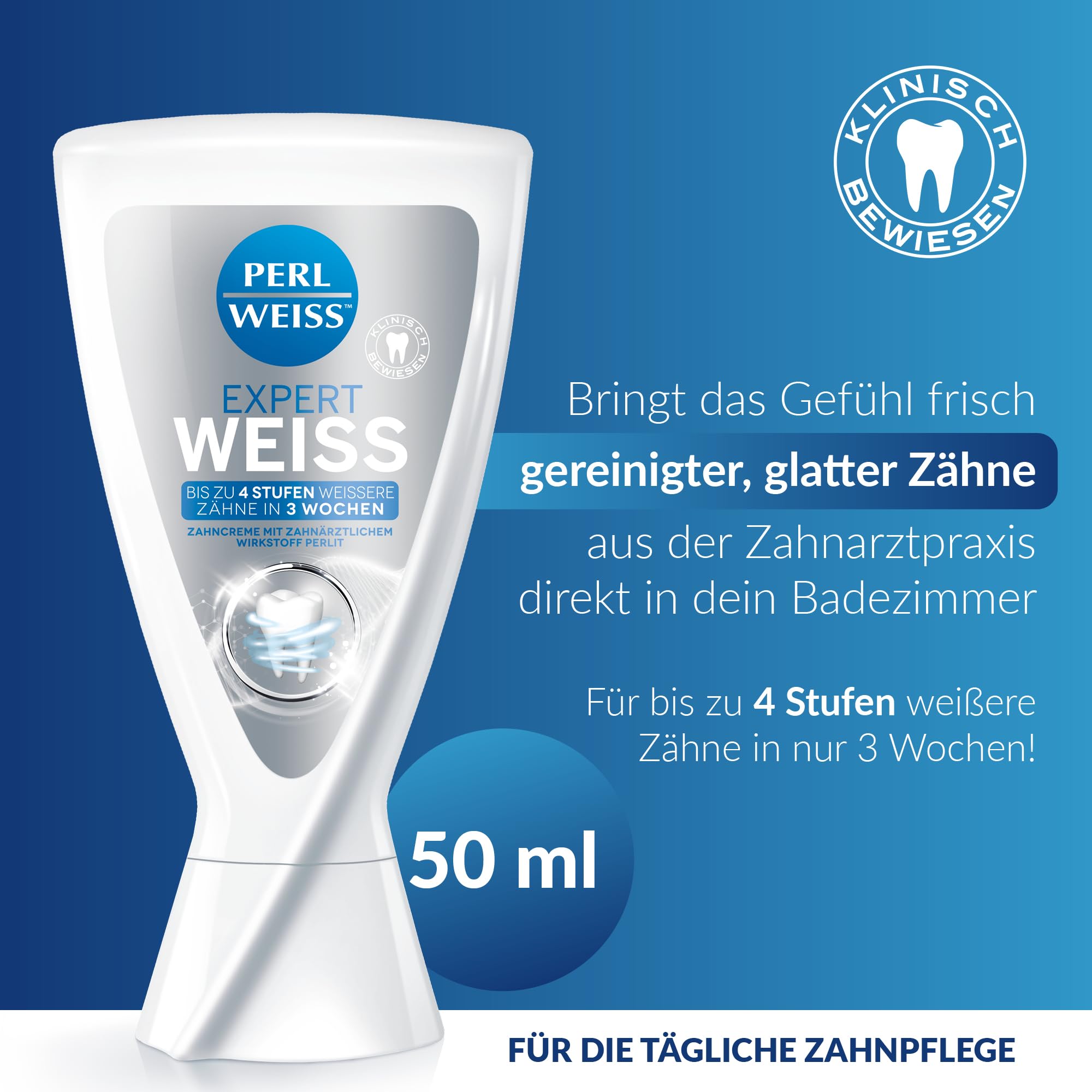 PERLWEISS Expert Weiss Zahncreme – Bis zu 4 Stufen weißere Zähne in 3 Wochen – Zahnpasta für weiße Zähne wie beim Zahnarzt – zahnschmelzschonende Zahnaufhellung & Glanzpflege mit Perlit 2