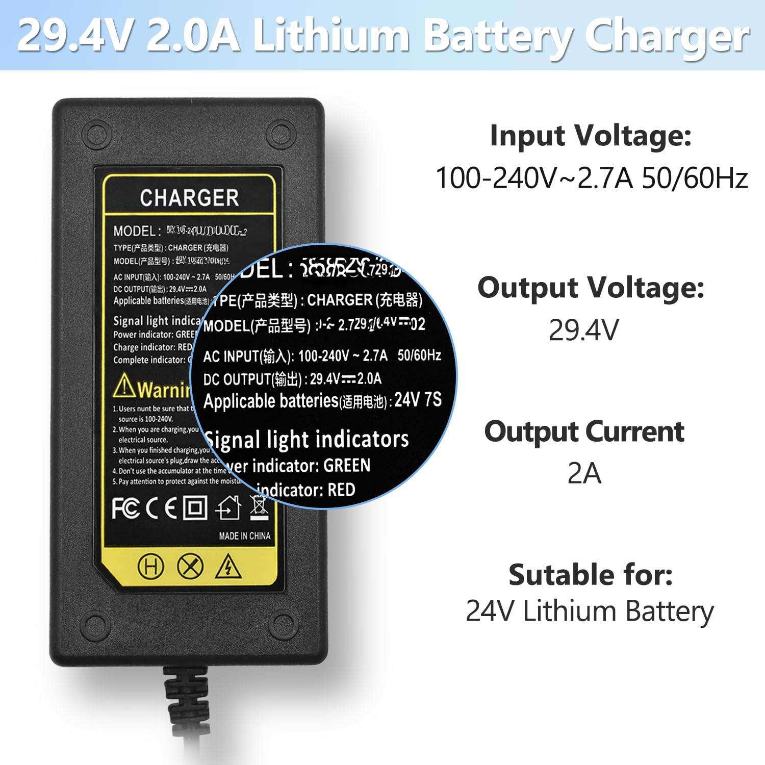 Pinkind 29.4V 2A Fast Charger 7 in 1 Plugs Universal for 24V 25.2V 25.9V 7S Lithium Batteries, Battery Charger Replacement for Razor, Jetson, Voyage, gotrax, ninebot
