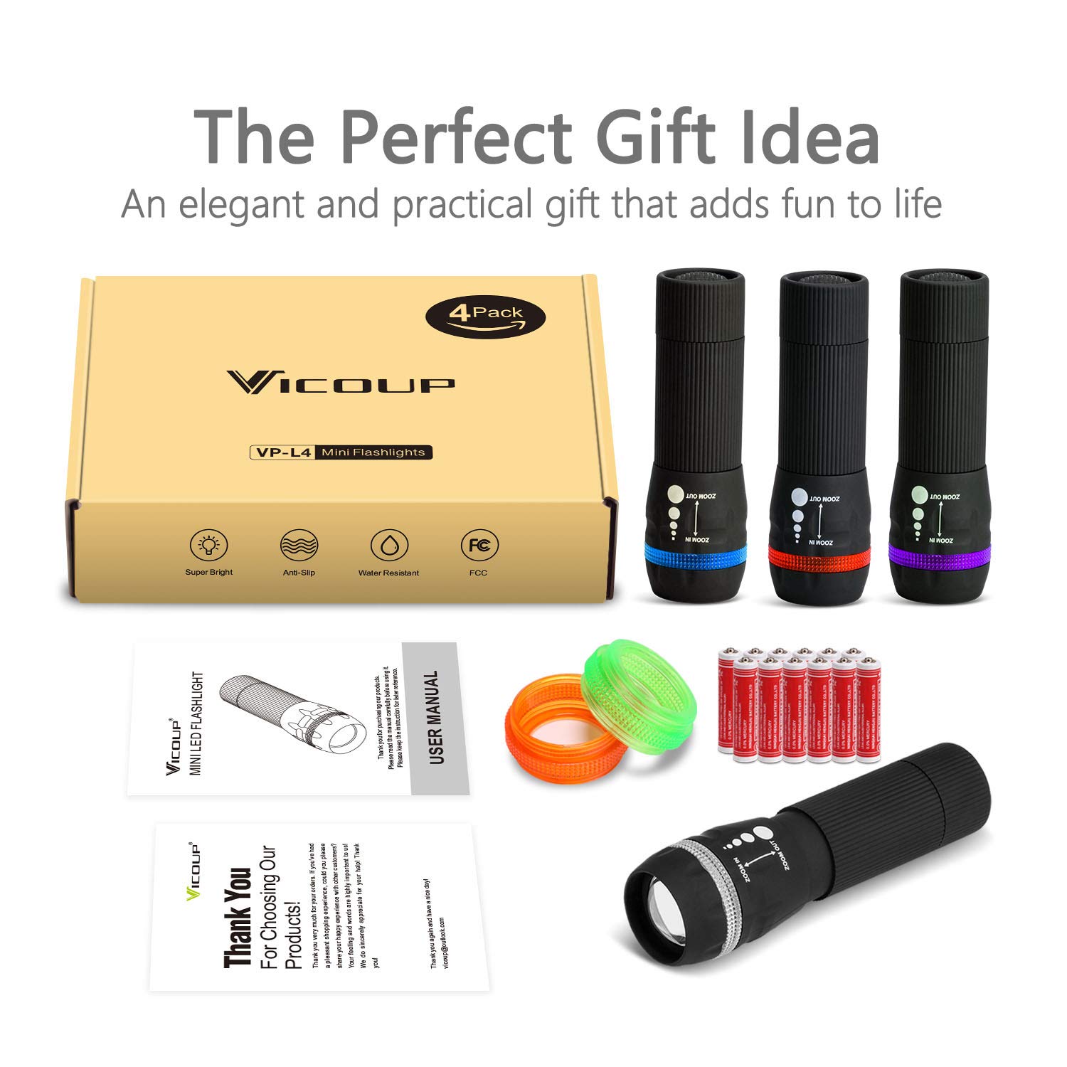 VICOUP 4 Pack Mini Flashlights with 12 AAA Batteries & Colored Band - Portable LED Flashlight Set for Kids, Camping, Hiking, Party