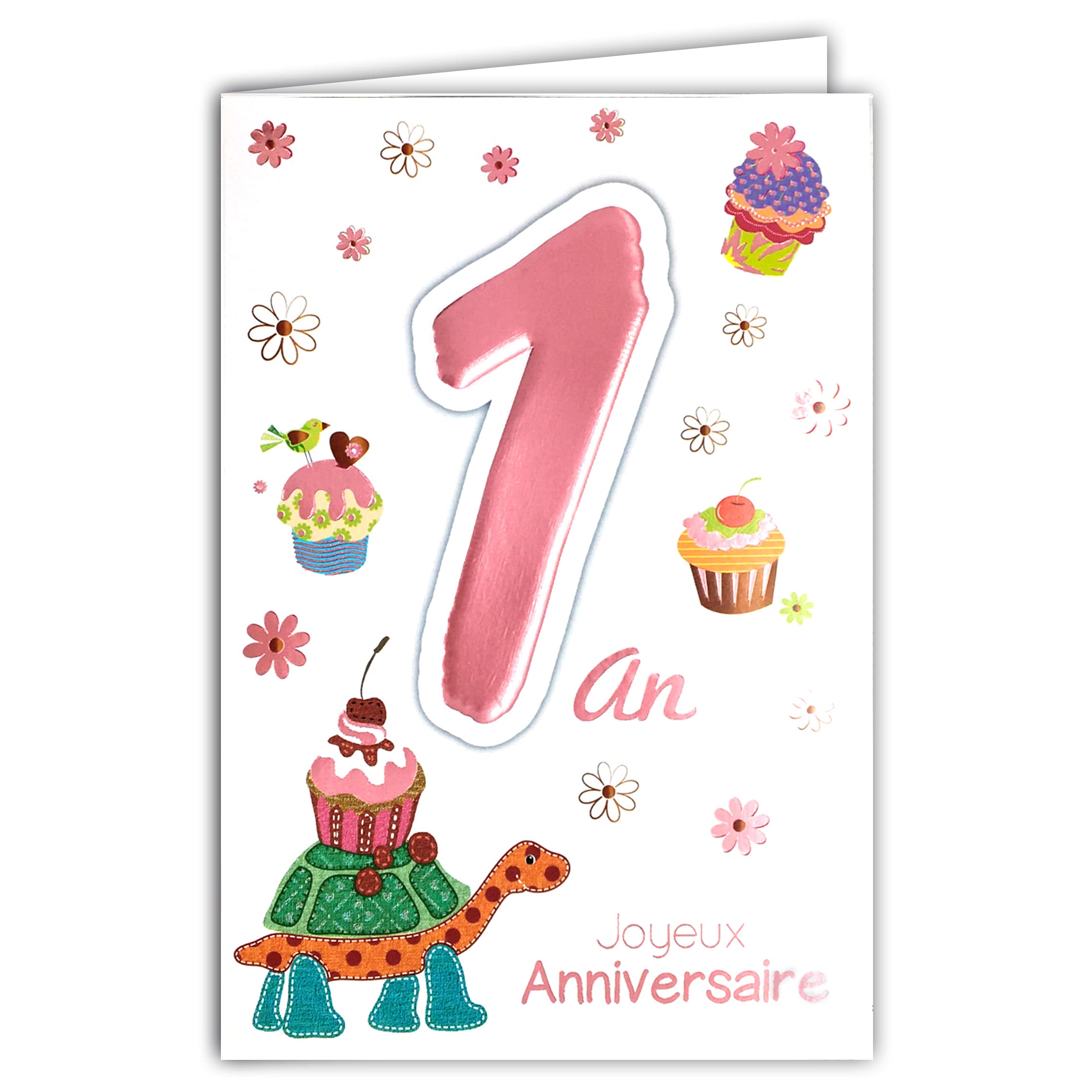 MV 69-2001 Age Flower Turtle Cake Cupcakes Happy Birthday Card 1 Year Baby Girl