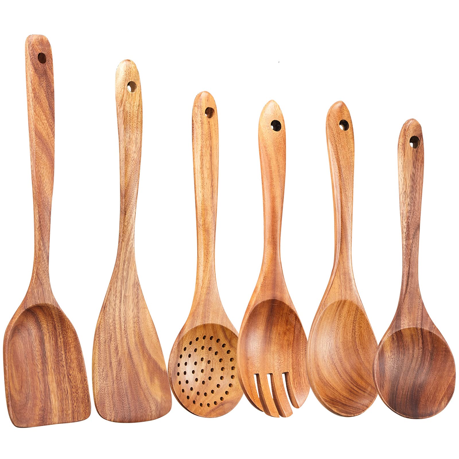 Photo 1 of Gudamaye 13 inch Long Wooden Utensils for Cooking, Long Handle Wooden Spoons for Cooking, 7 PCES Crafting Wooden Spoon Set, Wooden Kitchen Utensil set, Natural Teak Wooden utensil Set