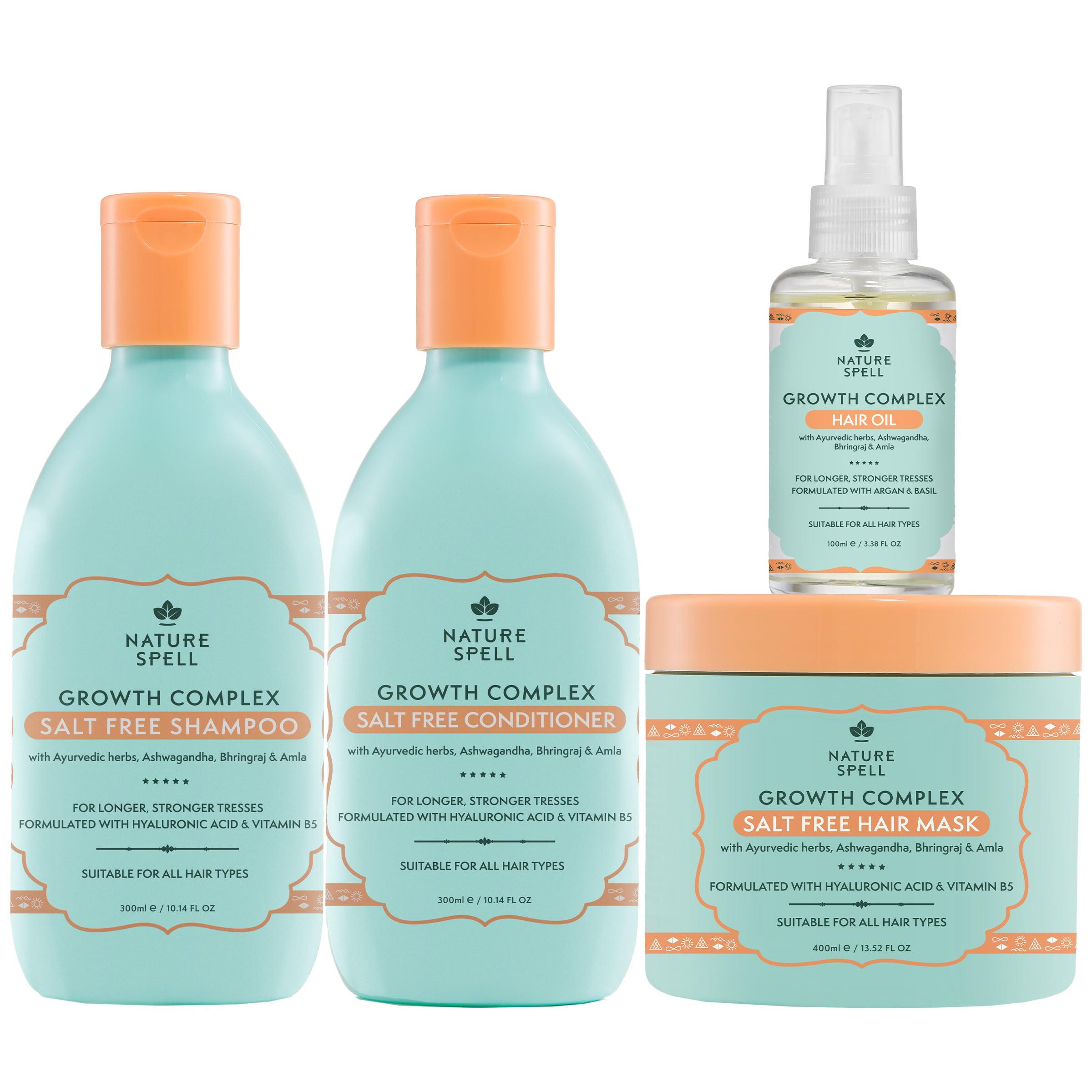 Nature Spell Growth Complex Hair Growth Set, Includes Shampoo, Conditioner, Mask & Oil with Hyaluronic Acid and Vitamin B5, For All Hair Types, Colour Safe, Vegan, Pack of 4