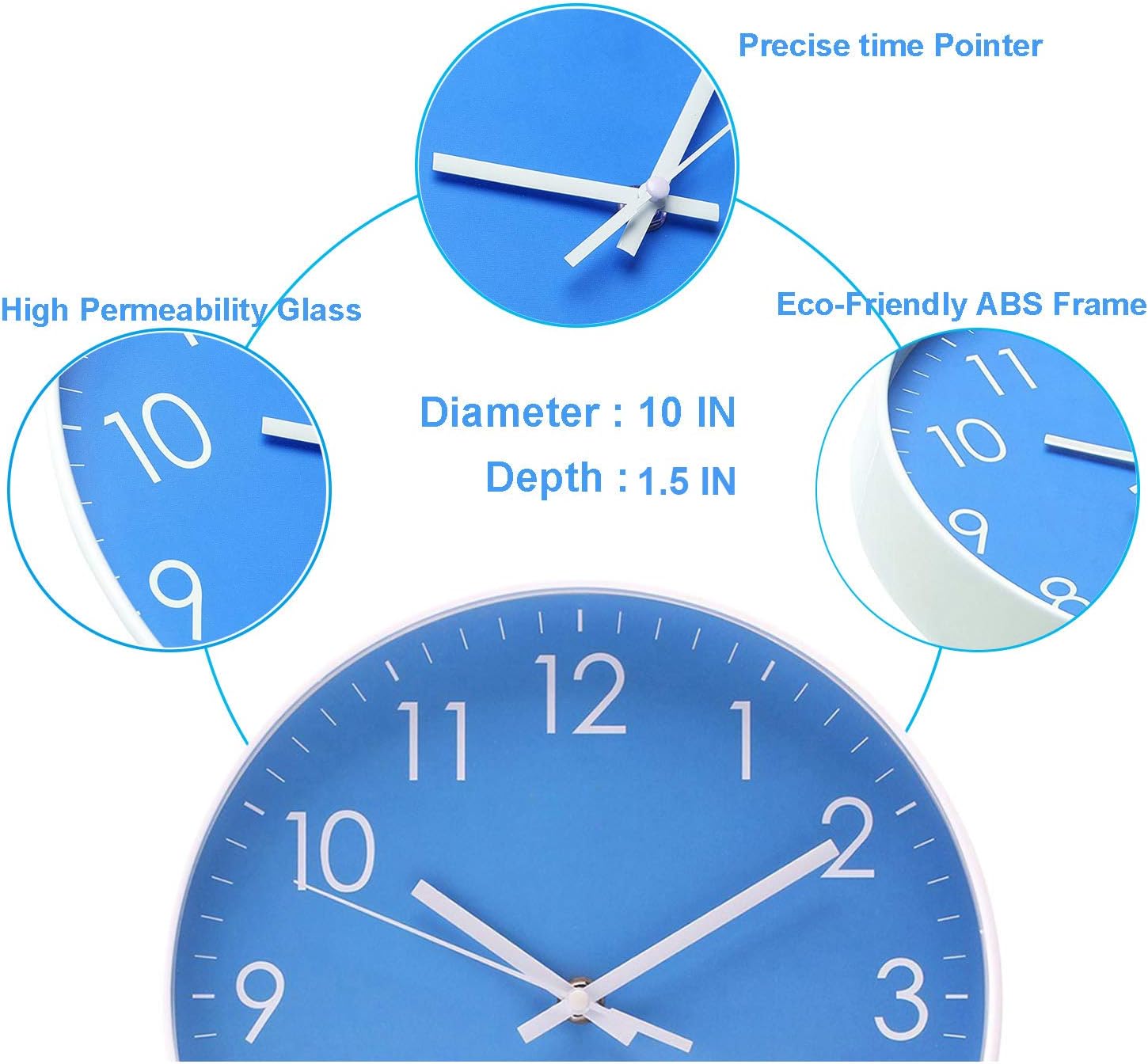 Epy Huts Wall Clock Battery Operated Indoor Non-Ticking Silent Quartz Quiet Sweep Movement Wall Clock for Office,Bathroom,Living Room Decorative 10 Inch Blue: Home & Kitchen