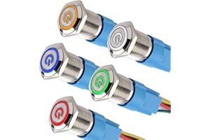 DMWD 5Pcs 16mm Metal Latching Push Button Switch Waterproof Silver Shell 12V-24V 1NO 1NC ON/Off for 5/8" Mounting Hole with Pigtail with Power Symbol 5Colors (Blue,Orange,Green,Red,White)