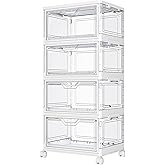 Kmiectse Clear Storage Bins with Lids - 4 Tier Plastic Bins with Wheels, Stackable Storage Bin, Closet Organizers Box for Bedroom, Living Room, 23 QT Folding Box with Magnetic door