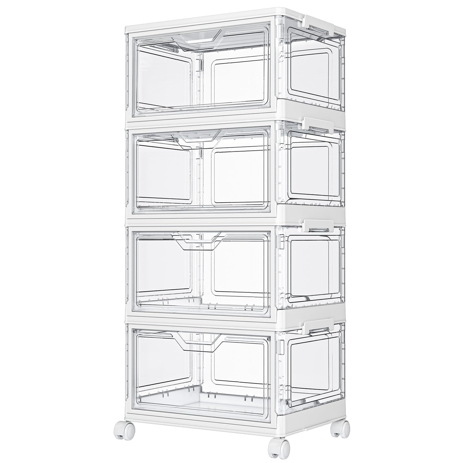 Kmiectse Clear Storage Bins with Lids - 4 Tier Plastic Bins with Wheels, Stackable Storage Bin, Closet Organizers Box for Bedroom, Living Room, 23 QT Folding Box with Magnetic door Image
