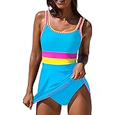 popvil Women One Piece Swimsuit 2026 Tummy Control Bathing Suit Neon Modest Swim Dress with Skirt Full Coverage