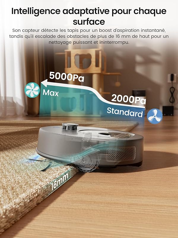 M330 Plus Robot Aspirateur Laveur Serpillière, 3en1, 5000Pa, Anti-emmêlement, Navigation LiDAR Précise, Zone Interdite Intelligente, Nettoyage Personnalisé, Idéal Sols Durs Tapis, APP/Alexa