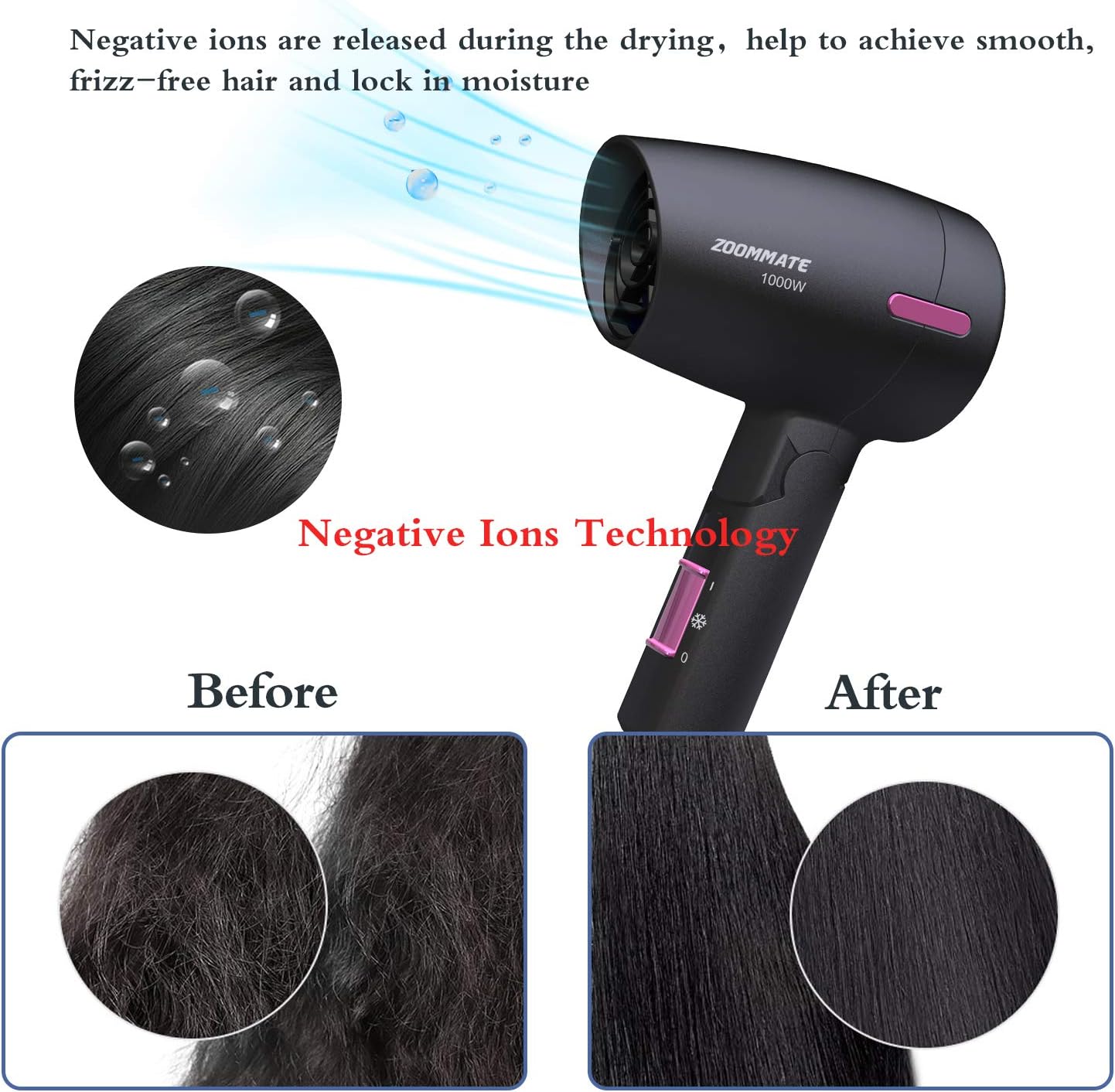 ZOOMMATE Mini Travel Hair Dryer 1000W Compact Folding Handle Blow Dryer