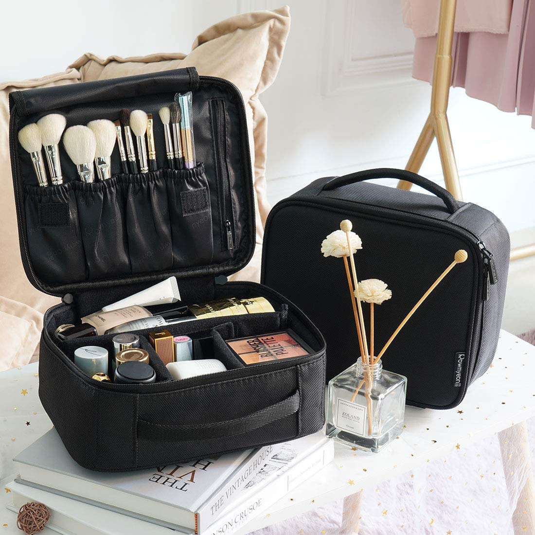 ROWNYEON Makeup Train Case Makeup Bag Organizer Travel Makeup Case Cosmetic Bag Proffessional Portable Storage Bag for Cosmetics Makeup Brushes Gift for Girls Women 9.8'' Mini Black : Beauty