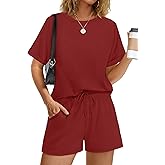 WIHOLL Women's 2 Piece Lounge Sets Short Sleeve T-Shirt and Drawstring Shorts Casual Pajamas Vacation Outfits with Pockets