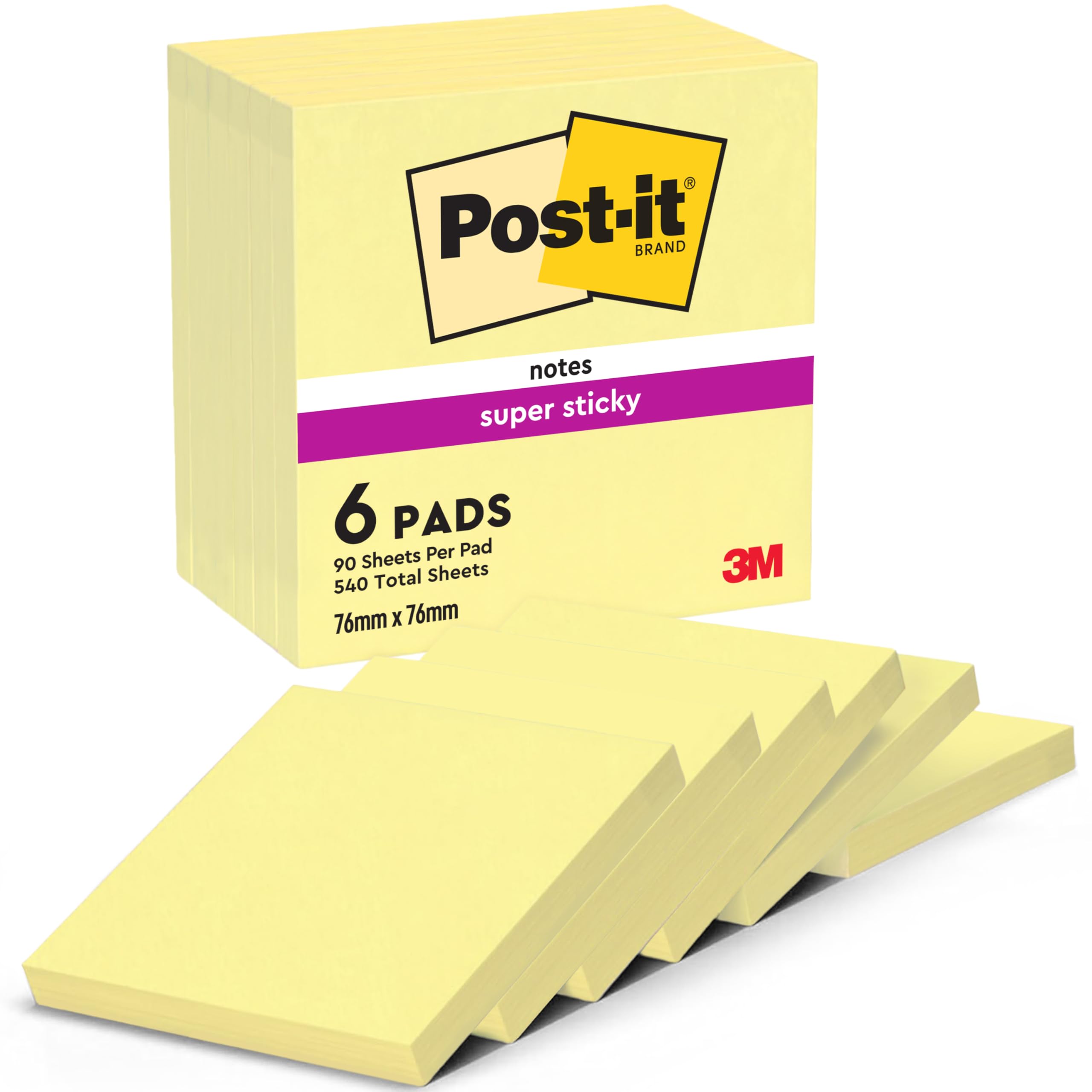 Post-it Super Sticky Notes, 540 Sheets, Pack of 6 Pads, 76 mm x 76 mm - Holds Strong to Many Surfaces - Canary Yellow - for Walls, Monitors and Fridge, Recycable