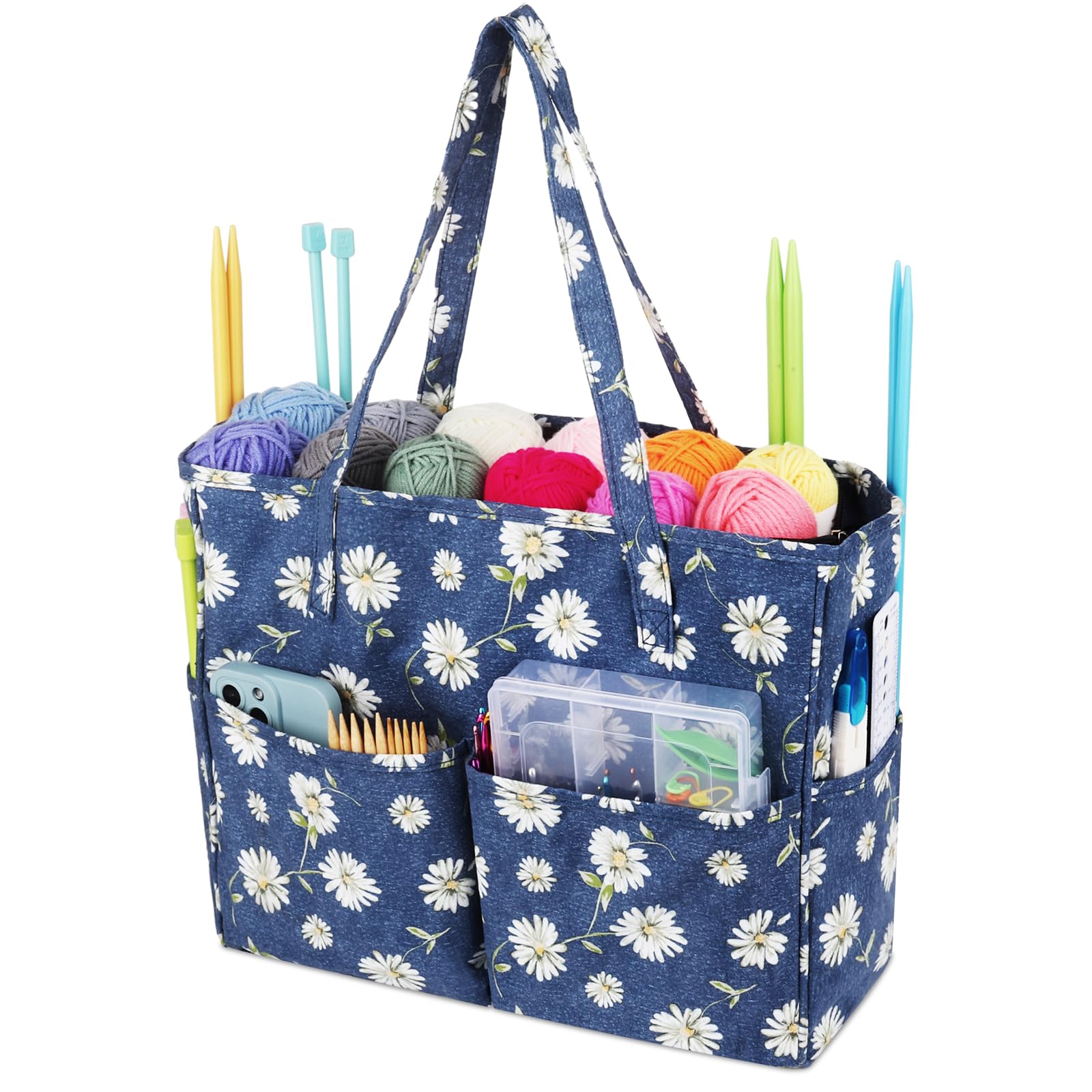 Aeelike Large Knitting Tote Bag, Knitting Bags for Wool and Needles Storage, Crochet Wool Yarn Bag, Craft Bag for Crochet Knitting Embroidery Cross Stitch Project Storage, Portable Knitting Bag, Daisy