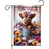Starlit Patio Highland Cow Garden Flag 12x18 Inch Double Sided Farmhouse Floral Yard Flag Rustic Spring Summer Outdoor Garden Decor for Porch Lawn Patio