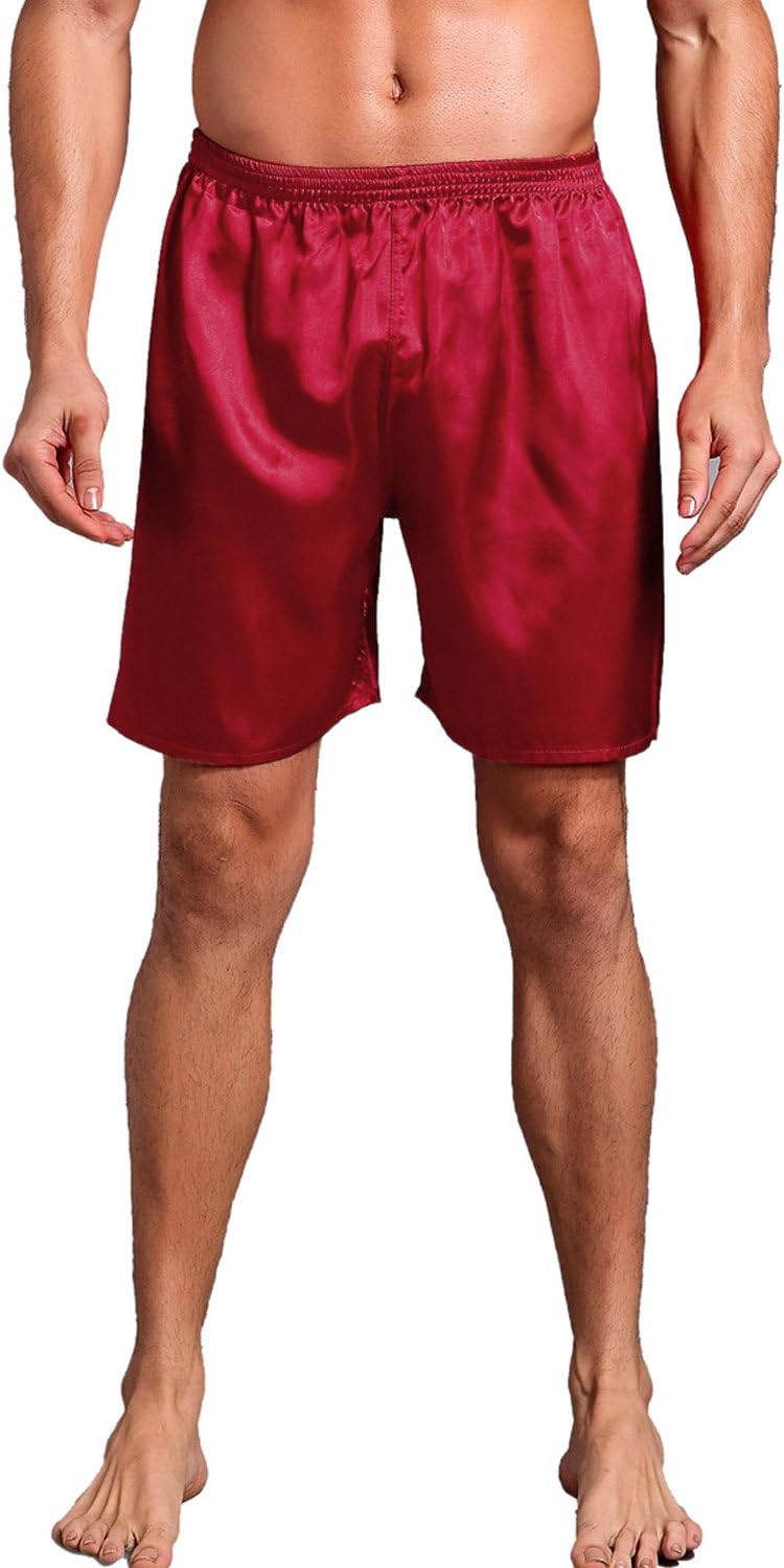 Admireme Mens Satin Boxer Shorts Silk Pajamas Shorts Sleepwear Boxers Underwear Beach Shorts Wine Red X-Large(Waist 36"-39")