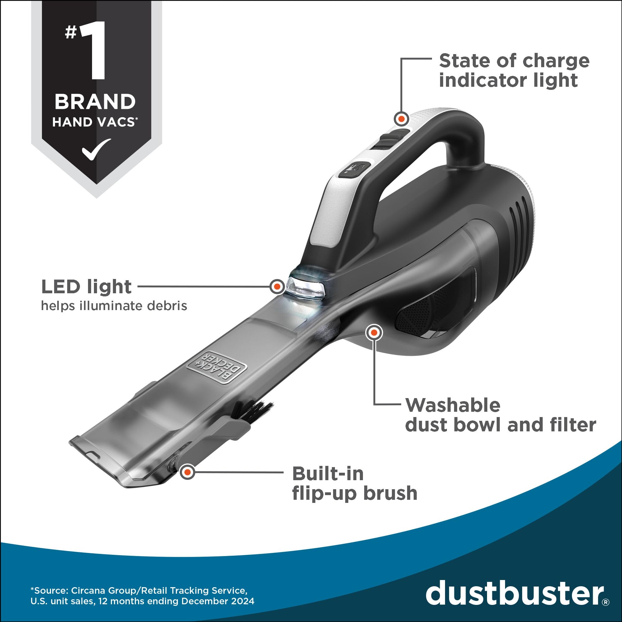 BLACK+DECKER dustbuster reveal Handheld Vacuum Cordless, Car Vacuum Portable Cordless, LED Light, Long Run Time, Rechargeable Lightweight Dust Buster, Includes Crevice Tool, Charging Base (HLVD320B42)