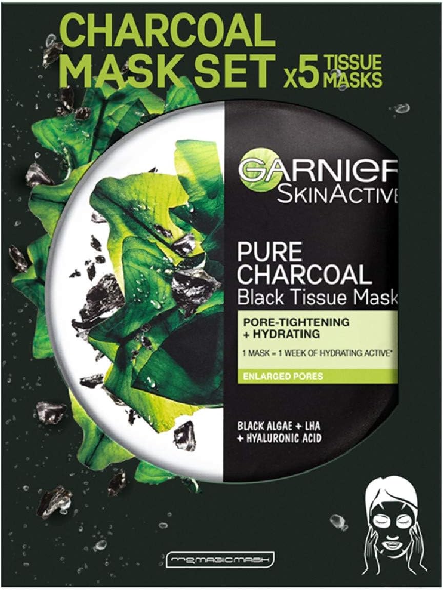 Garnier Charcoal and Algae Purifying Tissue Mask, Hydrating Tissue Face Sheet Mask for Enlarged Pores Pack of 5