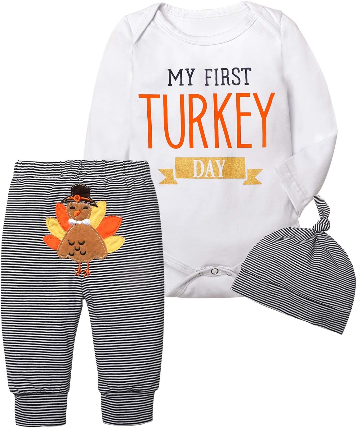 My First Thanksgiving Baby Boy Outfit, Long Sleeve Romper + Cute Striped Turkey Pants + Striped Hat 3Pcs Outfit Set
